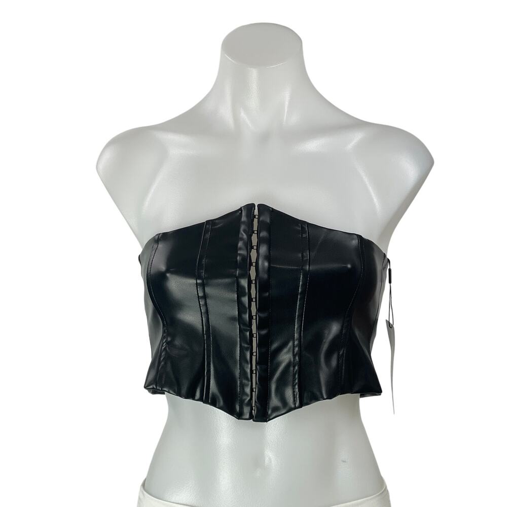 NEW THATSSOFETCH Black Faux Leather Sleeveless Strapless Bustier Corset Top Sz 0